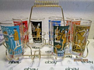 Vintage Mcm Libbey International Cities Tumbler Set Of 7 With Caddy