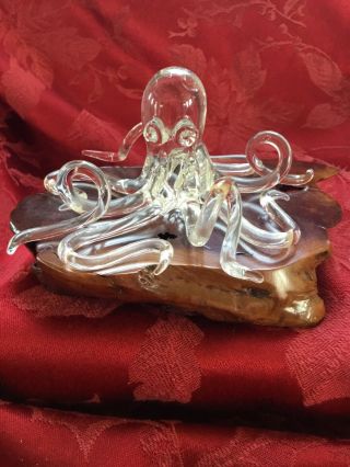 Flawless Stunning Art Glass Crystal Octopus Sculpture Figurine On Driftwood