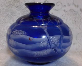Fenton Art Glass Cobalt Canaan Valley Round Vase,  Nib,  Handpainted D Fredick,
