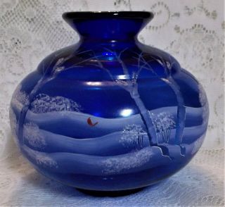 Fenton Art Glass Cobalt Canaan Valley Round Vase,  NIB,  HandPainted D Fredick, 2