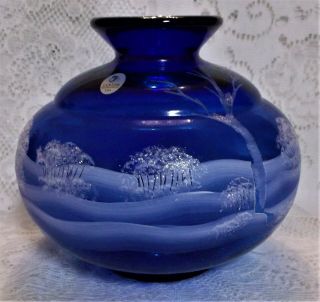 Fenton Art Glass Cobalt Canaan Valley Round Vase,  NIB,  HandPainted D Fredick, 3
