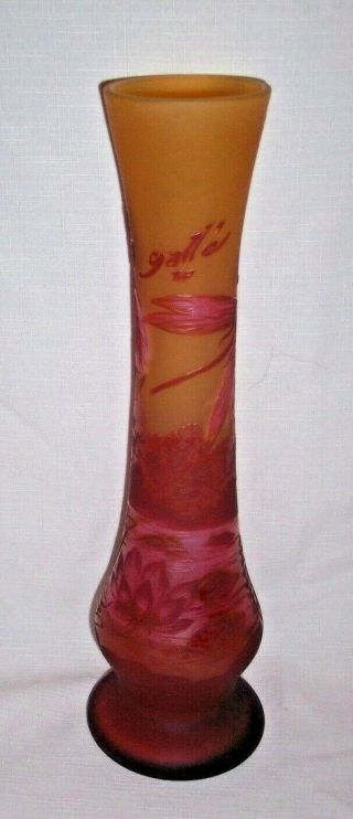 12 1/2 " Tall Galle Tip Signed Maroon/ Red Dragonfly Lake Scene Cameo Glass Vase