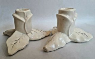 Vintage Pair Red Wing Art Pottery Ivory White Magnolia Pattern Candle Holders