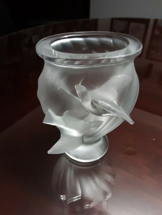 Lalique Signed Bird Vase With Two Flying Birds On Front