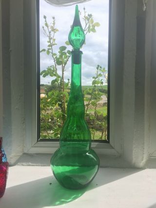 Large Blown Emerald Green Mcm Italian Empoli Glass Genie Bottle Decanter 1960’s