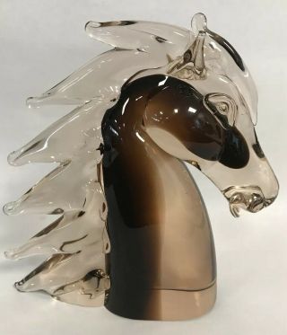 9 " Glass Horse Head By Murano - Brown To Clear -