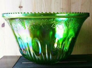 Iridescent Lime Green Carnival Glass Punch Bowl,  Embossed Grapes /vines Pattern