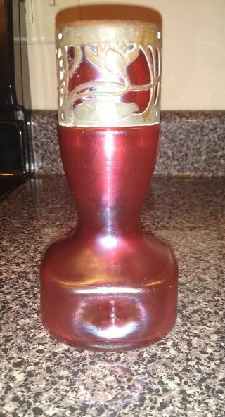 Loetz Stolzle Cranberry Pink Dimpled Metal Rim Collar Vase 6 "