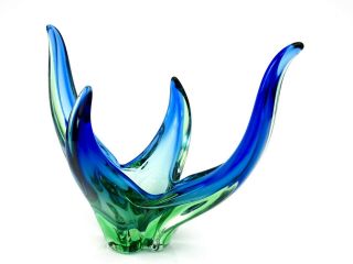 Huge Royal Majesty Of Glass Murano Organic Blue/electric Green Wide Wing Dish