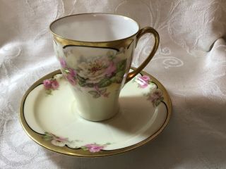 Vintage Royal Rudolstadt Prussia Teacup And Saucer Gold Pink Roses