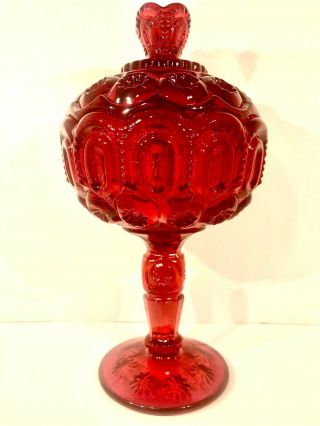 Vintage Lg Wright Moon And Star Ruby Red Covered Jelly 8” Candy Dish Htf