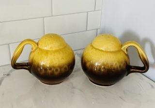 Vintage Hull Pottery - Yellow & Brown Drip Salt & Pepper Shakers - Made In Usa