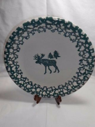 Tienshan Moose Country Round Platter Chop Plate 12.  25 Stoneware Folk Craft Green 2