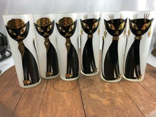 Vintage Mid Century Cat Frosted Libbey Drinking Glasses Cocktail Glasses Wh - 6