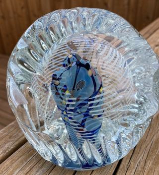 Rollin Karg Signed 1995 Studio Art Glass Paperweight Ripples Dichroic Blue