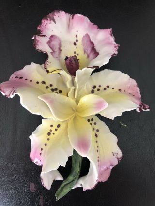 Vintage Capodimonte Porcelain Yellow Purple Iris Flower Handmade In Italy