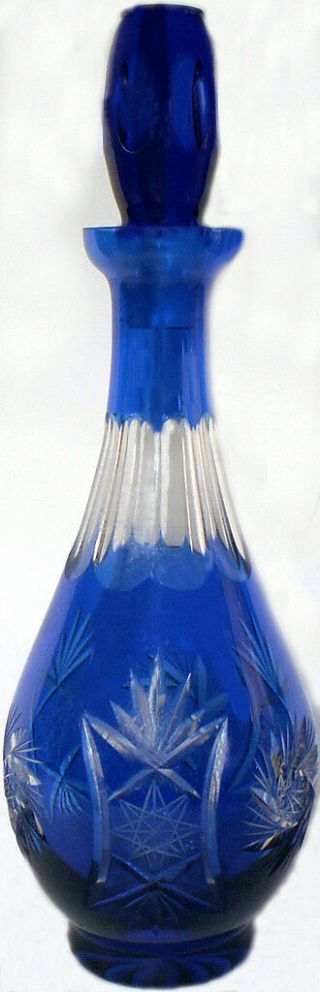 Vtg.  Bohemian Czech Art Glass Cobalt Blue Cut To Clear 15 " T Decanter W/ Stopper