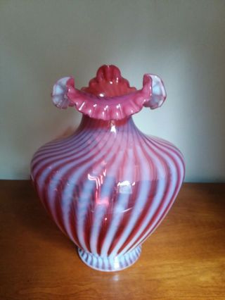 Large Vintage Fenton Opalescent Cranberry Vase Spiral Optic Swirl Crimped Top