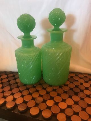 Portieux Vallerysthal Pv France Green Jadeite Opaline Pair Bottles Decanter