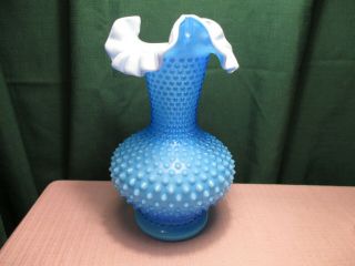 Fenton Hobnail Blue Opalescent Vase Ruffled 10 3/4 ".  1939 - 55