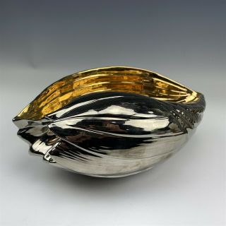 Hollywood Regency Silver Gold Tone Hand Crafted Ceramic Pottery Shell Bowl FCD 3