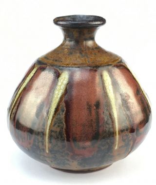 Handcrafted Studio Pottery Vase 3 1/4 " Tall Reddish - Brown And White Drip Glaze