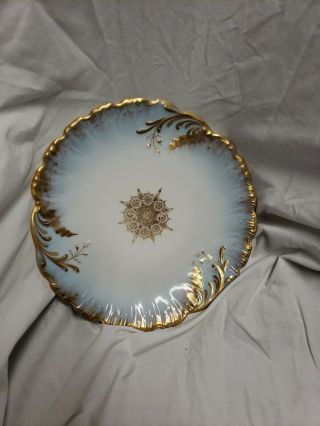 M Redon Limoges Gold Leaves And Flowers Light Blue Plate.