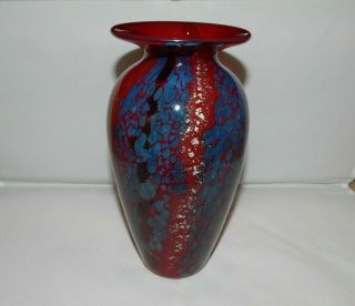 1997 Nourot Art Glass Vase Red With Gold & Silver Foil Blue Spatter Waves