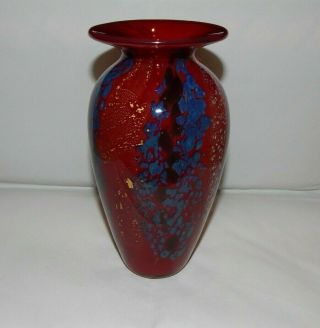 1997 Nourot Art Glass Vase Red With Gold & Silver Foil Blue Spatter Waves 2