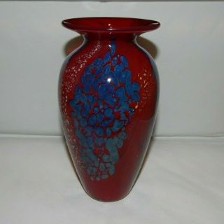 1997 Nourot Art Glass Vase Red With Gold & Silver Foil Blue Spatter Waves 3