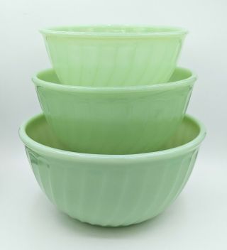 Fire King Jadeite Swirl Mixing Bowls Set Of 3 Green Milk Glass 7 8 9 In Vintage