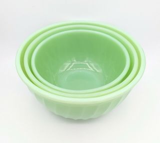 Fire King Jadeite Swirl Mixing Bowls Set Of 3 Green Milk Glass 7 8 9 in Vintage 3