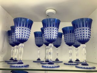 Bohemian Cobalt Blue Crystal Cut To Clear Wine Goblet Set Of Ten