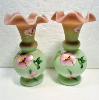 Fenton Lotus Mist Burmese Glass Matched Pair Vases Hummingbirds & Floral