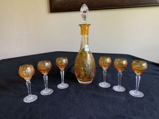 Yellow/amber Cut To Clear Czech/bohemian Crystal Decanter And 6 Cordial Glasses