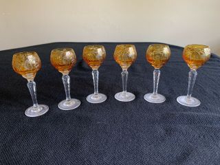 Yellow/Amber Cut To Clear Czech/Bohemian Crystal Decanter And 6 Cordial Glasses 2