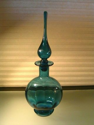 Mid Century Modern Blue Glass Decanter Flame Stopper