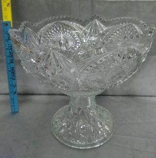 Vintage Huge American Prescut Glass Punch Bowl & Pedestal Sawtooth Edg Brilliant
