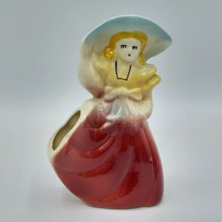 Vintage Shawnee Pottery Usa Red & Blue Lady In Hat Dress Planter