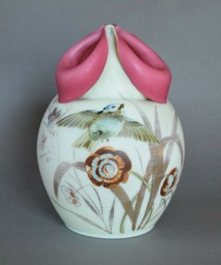 Mt.  Washington Victorian Art Glass Hand Painted Bird Vase W Pinched Tricorn Rim