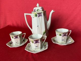 T E - Oh China Hand Painted Nippon 3 Tea Cups,  Saucers And Teapot C.  1891 - 1921