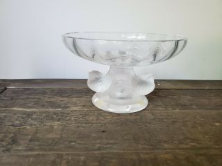 Lalique Crystal Bowl Compote Birds Signed Pedestal Sparrow France Frosted