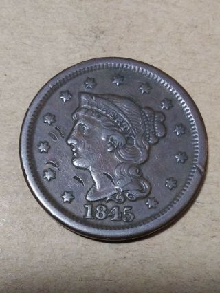 1845 Philadelphia Braided Hair Large Cent M102 Old " Tuck " Vf Type Coin