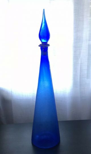 Vintage Blue Hand Blown Glass Empoli Genie Bottle Decanter Italy 26 "