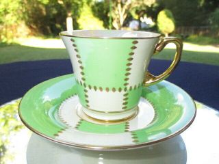 Cup Saucer Espresso Demitasse Crown Devon Art Deco Green Cream Quilt Patch