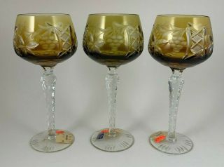 3 Lausitzer Amber Cut To Clear Wine Hocks Glasses Crystal Stemware Grapes