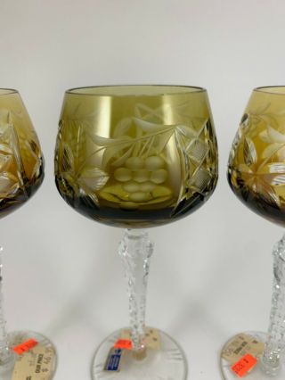 3 Lausitzer Amber Cut To Clear Wine Hocks Glasses Crystal Stemware Grapes 2
