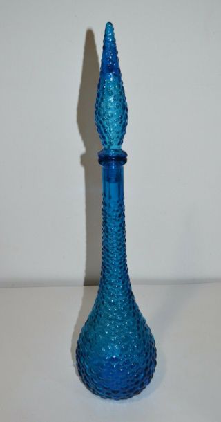Vntg Mcm 22 " Genie Bottle Decanter Peacock Blue Italian Bubble Glass - Empoli