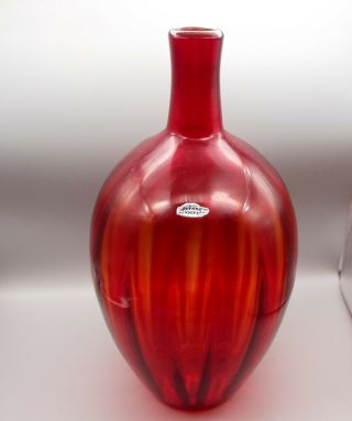 Vtg Blenko Hand Blown Glass Vase Large 18 " Red Optic Signed Sticker Mid - Century