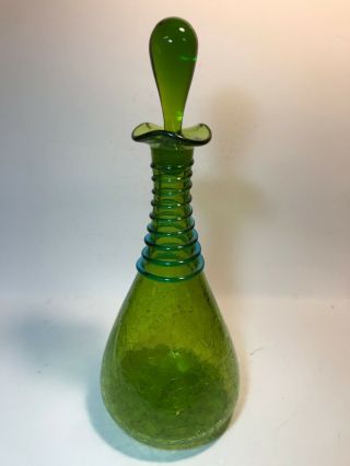 Vintage Blenko Glass 6838 Decanter Olive Green Crackle/turquoise Coil